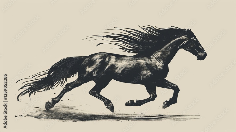 A dynamic black ink-style illustration of a galloping horse, its mane flowing in the wind, conveying speed and power. The vintage-style artwork enhances its artistic appeal. AI generated.
