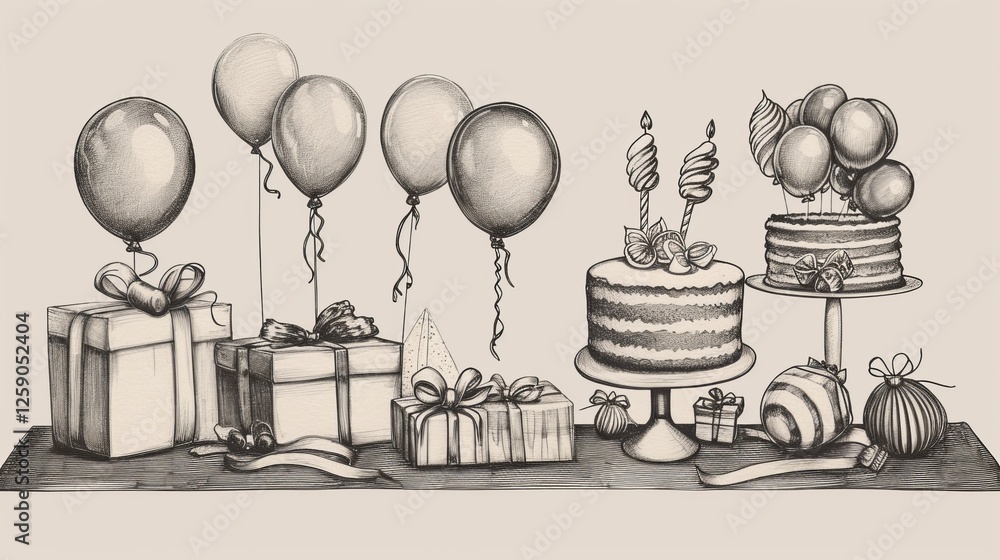 A detailed vintage-style sketch of a birthday table with cakes, balloons, and wrapped presents. Ideal for invitations, greeting cards, and party decorations. AI generated.
