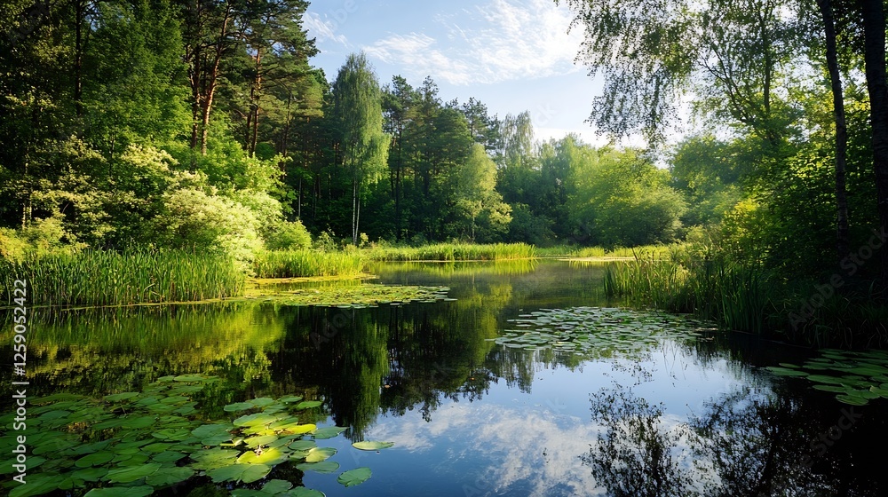 Serene Natural Landscape with Lush Green Trees Reflected in Calm Water Under Blue Sky : Generative AI Serene Natural Landscape with Lush Green Trees Reflected in Calm Water Under Blue Sky : Generative AI