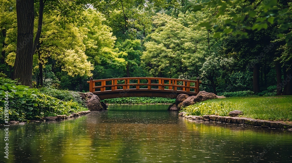 Scenic Tranquil Park with a Wooden Bridge and Lush Green Surroundings : Generative AI Scenic Tranquil Park with a Wooden Bridge and Lush Green Surroundings : Generative AI
