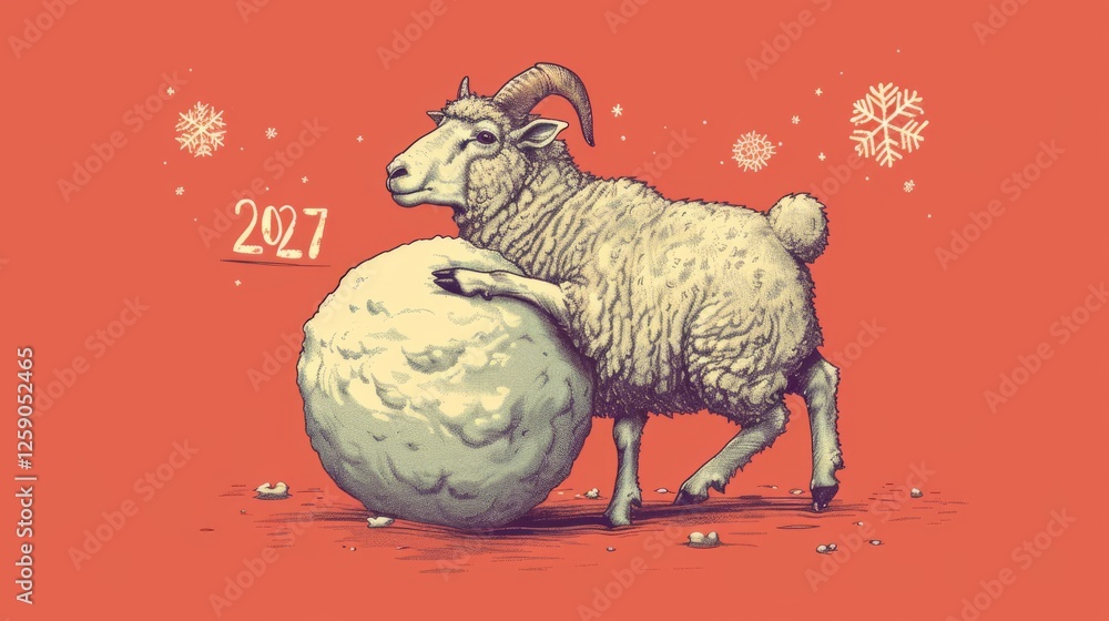 A digitally illustrated sheep rolling a large snowball with 2027 inscribed nearby, set against a bold red background with snowflakes. The artwork has a vintage yet modern holiday theme.
