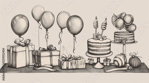 Obraz na płótnie A detailed vintage-style sketch of a birthday table with cakes, balloons, and wrapped presents. Ideal for invitations, greeting cards, and party decorations. AI generated. w salonie
