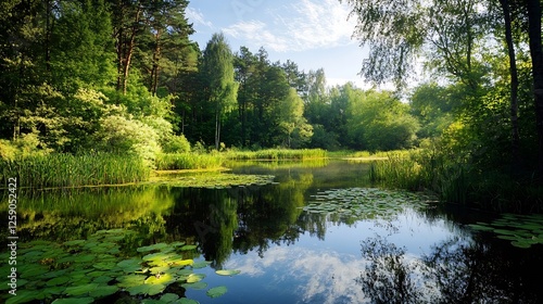 Serene Natural Landscape with Lush Green Trees Reflected in Calm Water Under Blue Sky : Generative AI