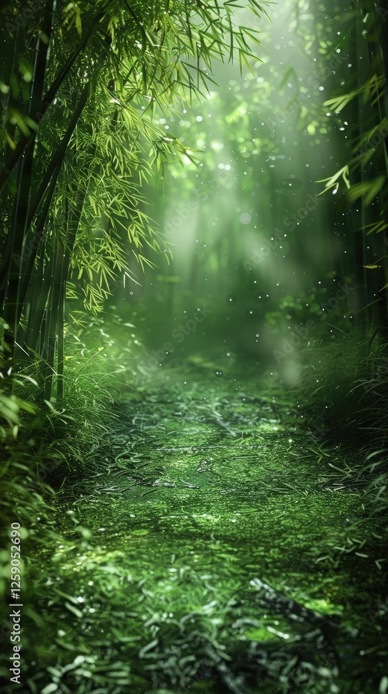 Obraz premium Enchanting Bamboo Forest with Sunlight and a Serene Pathway 