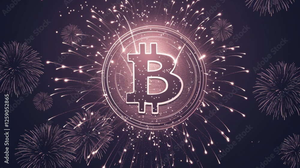 A glowing Bitcoin symbol is surrounded by fireworks in a vibrant digital artwork. The image represents celebration, cryptocurrency, and blockchain innovation. AI generated.