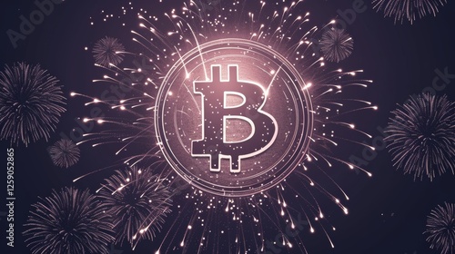 Obraz na płótnie A glowing Bitcoin symbol is surrounded by fireworks in a vibrant digital artwork. The image represents celebration, cryptocurrency, and blockchain innovation. AI generated. w salonie