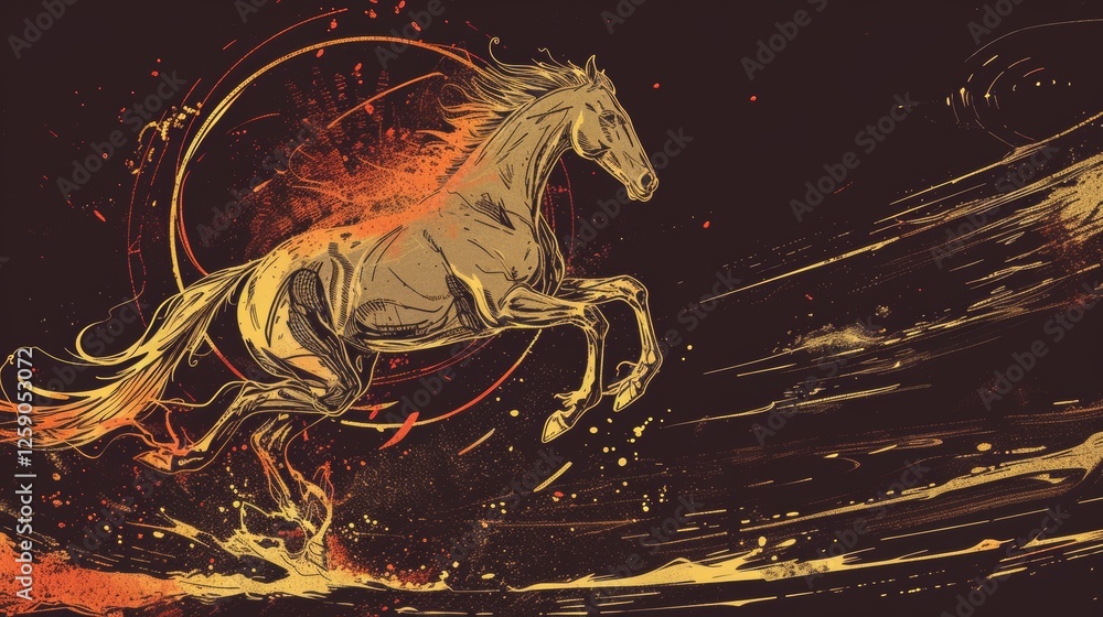 A striking digital illustration of a horse galloping through a cosmic, fiery backdrop. The glowing orange and gold hues create a sense of intensity and movement. AI generated.