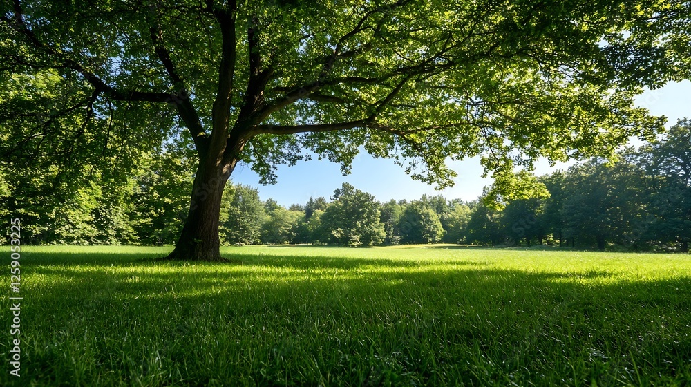 Lush Green Meadow with a Majestic Tree Casting a Gentle Shadow Under a Clear Blue Sky : Generative AI Lush Green Meadow with a Majestic Tree Casting a Gentle Shadow Under a Clear Blue Sky : Generative AI
