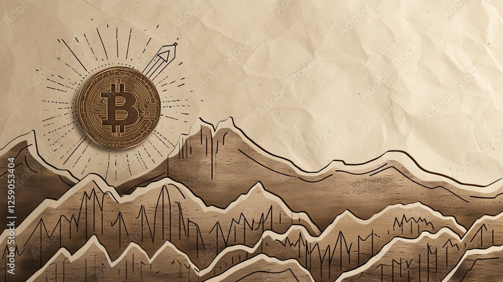 A stylized digital illustration of a Bitcoin coin floating over a hand-drawn mountain range, symbolizing financial growth and volatility. Vintage paper texture enhances the aesthetic. AI generated.