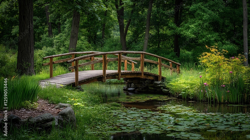 Charming Wooden Bridge Over a Calm Waterway Surrounded by Greenery in Nature : Generative AI Charming Wooden Bridge Over a Calm Waterway Surrounded by Greenery in Nature : Generative AI