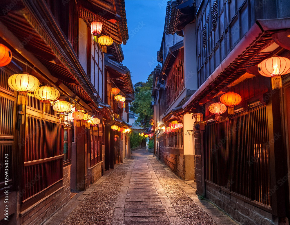 Fototapeta premium Traditional lanterns illuminating a narrow alley in a historic district at dusk.