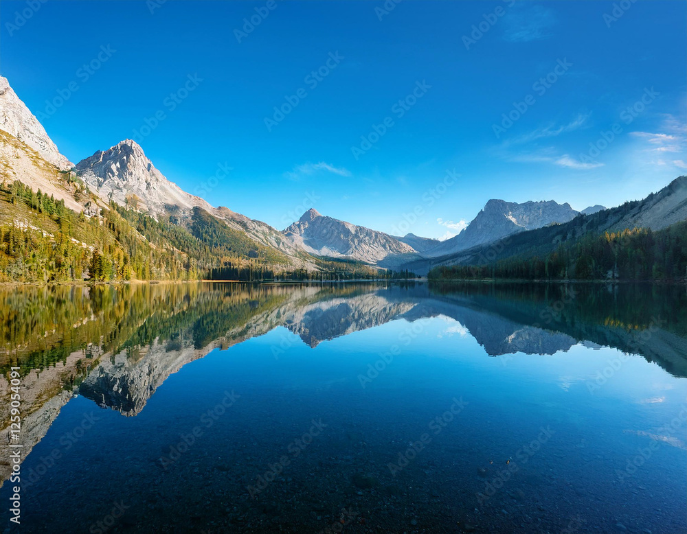 A serene lake reflecting the surrounding mountains and a blue sky, symbolizing tranquility. A serene lake reflecting the surrounding mountains and a blue sky, symbolizing tranquility.