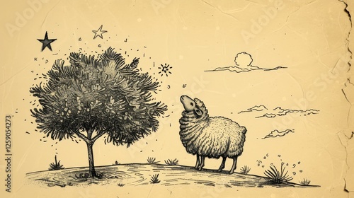 Obraz na płótnie A charming ink-style illustration of a sheep gazing at a fantastical tree adorned with floating stars. The whimsical art style and vintage paper texture add a dreamlike quality. AI generated. w salonie