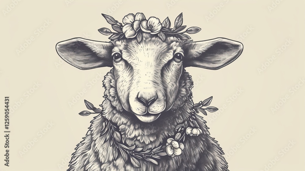 Detailed black-and-white ink illustration of a sheep adorned with a floral wreath on its head and neck. The intricate shading and vintage etching style create a timeless artistic appeal. AI generated.