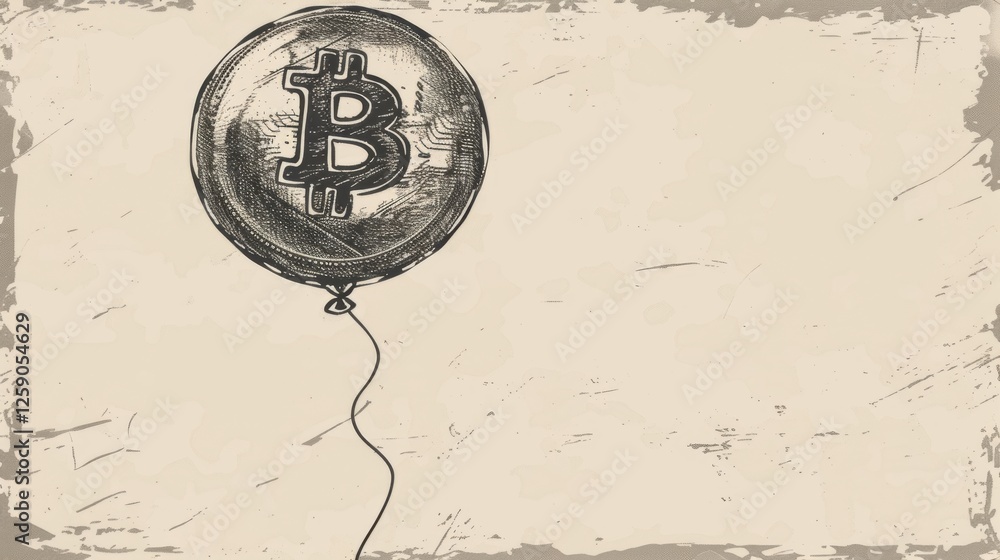 Unique vintage-style illustration of a balloon featuring the Bitcoin logo, floating against a textured background, perfect for cryptocurrency or finance themes. AI generated.