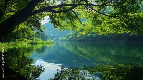 Serene Landscape of Lush Green Trees Reflecting on Calm Waters of a Tranquil Lake : Generative AI