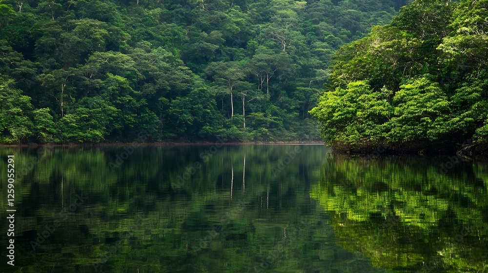 Fototapeta premium Tranquil Forest Reflections in a Peaceful Lake Surrounded by Lush Greenery : Generative AI