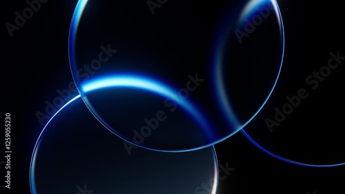 Bright blue abstract background with glass circles animation. Neutral texture with light motion. Simple minimal template with copy space. Seamless loop.