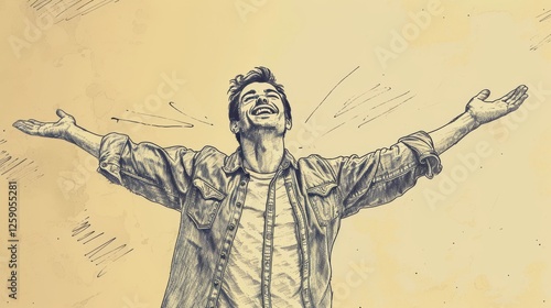 Obraz na płótnie A hand-drawn ink-style digital illustration of a man joyfully stretching out his arms, expressing happiness and freedom. The vintage aesthetic enhances its timeless appeal. AI generated. w salonie