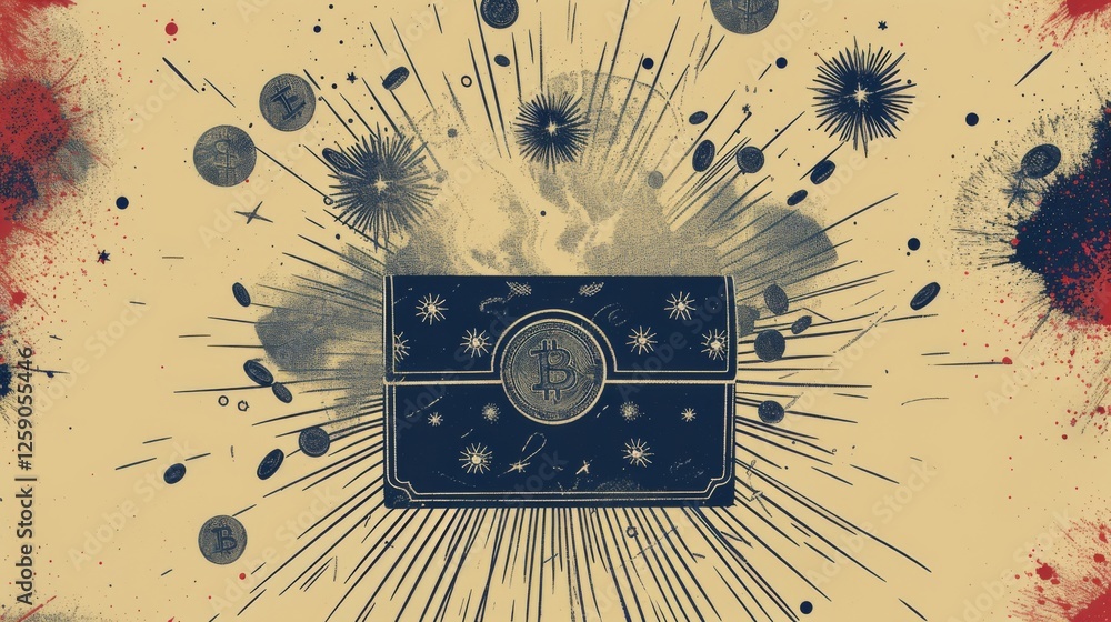 A striking hand-drawn illustration of a Bitcoin wallet bursting with coins and dynamic elements. The vintage artistic style enhances the sense of financial power and digital wealth. AI generated.