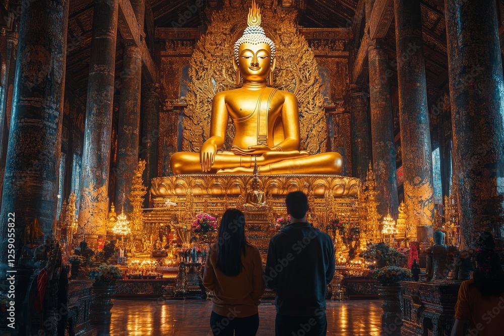 Obraz premium Couple admiring golden Buddha in temple
