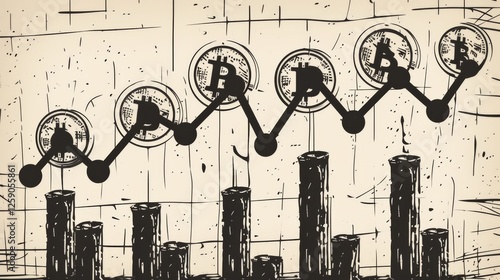 An artistic representation of Bitcoin market fluctuations, featuring a stylized financial graph with cryptocurrency symbols. The vintage etching effect adds depth. AI generated.