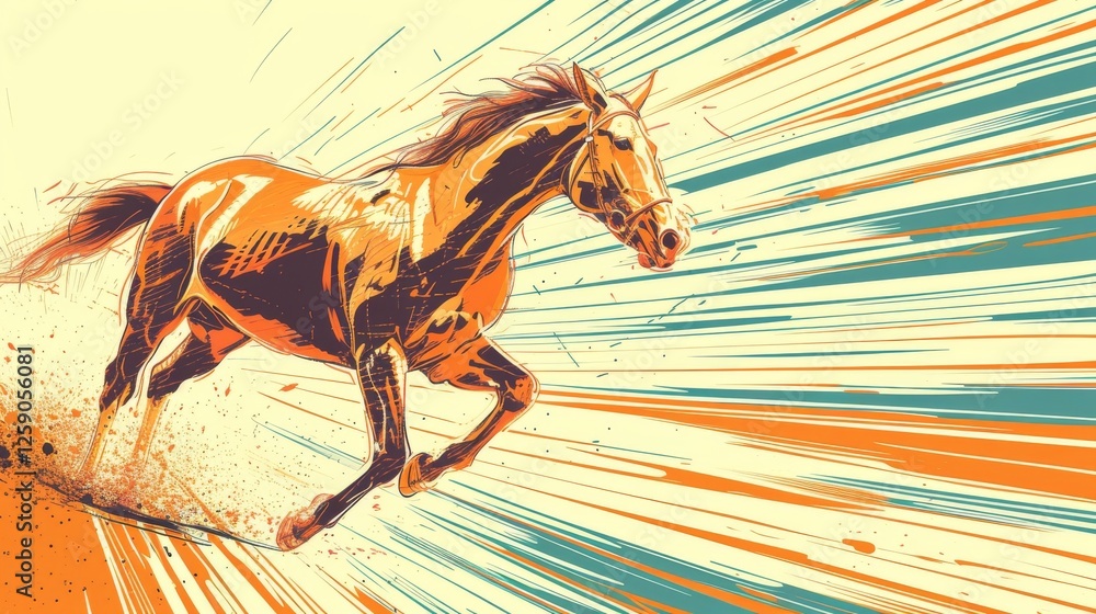 A vibrant, comic-inspired digital illustration of a galloping horse, bursting with energy and motion. The bold color contrasts and expressive lines enhance the dynamic effect. AI generated.