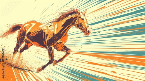 Obraz na płótnie A vibrant, comic-inspired digital illustration of a galloping horse, bursting with energy and motion. The bold color contrasts and expressive lines enhance the dynamic effect. AI generated. w salonie