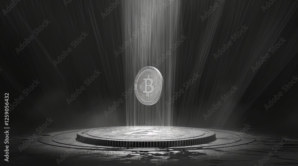 A Bitcoin coin floating in a sci-fi-inspired digital scene, with glowing light beams and circuit patterns, representing blockchain technology and the future of finance. AI generated.