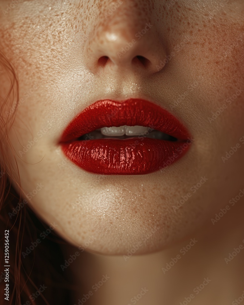 Naklejka premium Close-Up of Lips Painted with Dark Red Lipstick on a Blurred Background