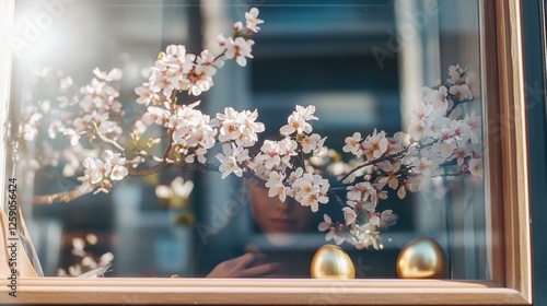 Elegant boutique window display featuring luxury handbags with Easter themes and decorative cherry blossoms in moody lighting photo