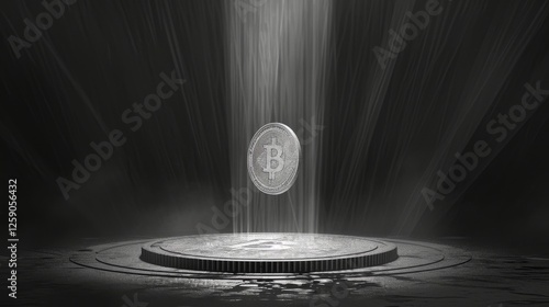 Obraz na płótnie A Bitcoin coin floating in a sci-fi-inspired digital scene, with glowing light beams and circuit patterns, representing blockchain technology and the future of finance. AI generated. w salonie