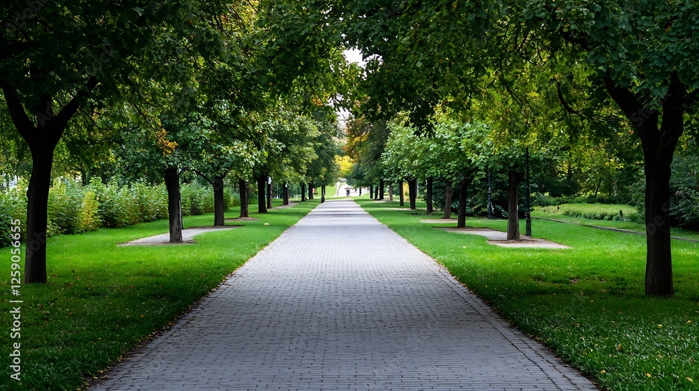Serene Pathway with Trees Lining a Walkway in a Lush Green Park During Daylight : Generative AI Serene Pathway with Trees Lining a Walkway in a Lush Green Park During Daylight : Generative AI