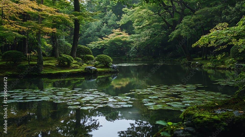 Serene landscape of tranquil pond surrounded by lush greenery and autumn foliage : Generative AI Serene landscape of tranquil pond surrounded by lush greenery and autumn foliage : Generative AI