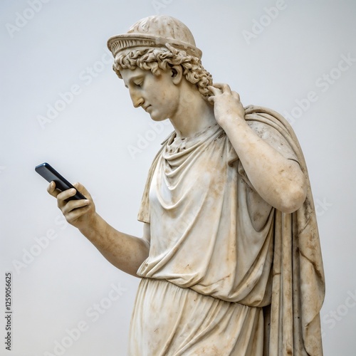 Ancient statue with a modern smartphone in hand against a light background
