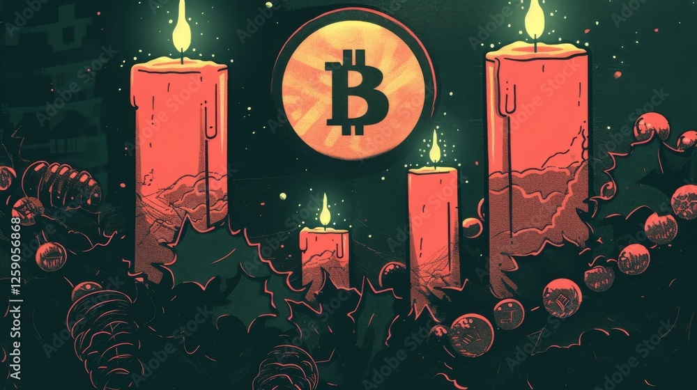 A digital illustration of glowing red candles arranged in a festive display, with a Bitcoin symbol illuminated in the background. The scene features holiday decorations and a warm ambiance. AI