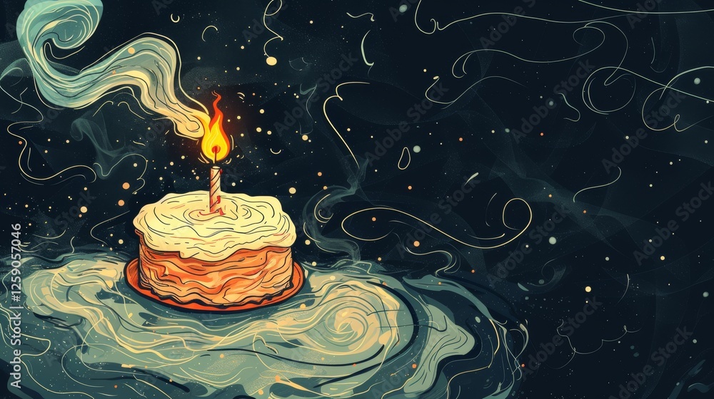 A stylized illustration of a birthday cake with a single burning candle, surrounded by a swirling galaxy of cosmic dust and ethereal smoke against a deep space background. AI generated.