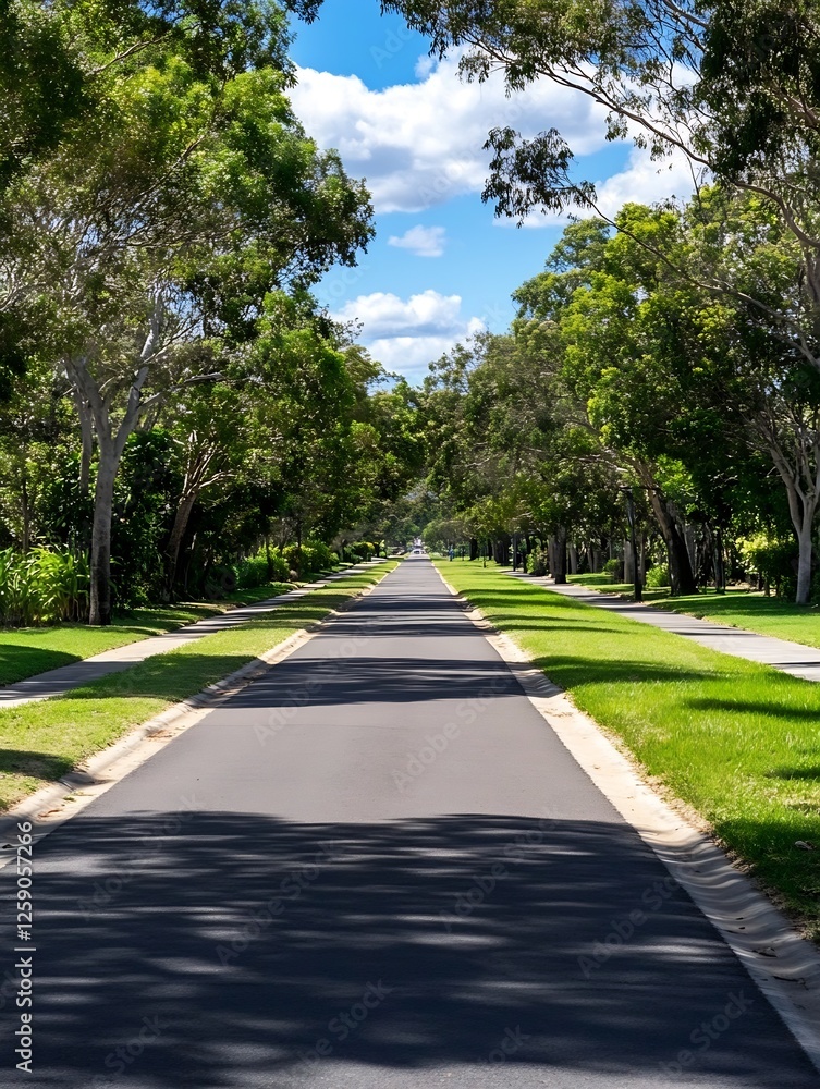 Lush Tree-Lined Boulevard Under a Bright Sky with Fluffy Clouds and Shadows : Generative AI Lush Tree-Lined Boulevard Under a Bright Sky with Fluffy Clouds and Shadows : Generative AI