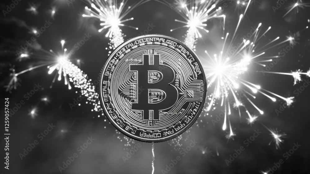 A monochrome digital illustration of a Bitcoin coin with dazzling fireworks in the background, symbolizing the impact of cryptocurrency in modern finance. AI generated.