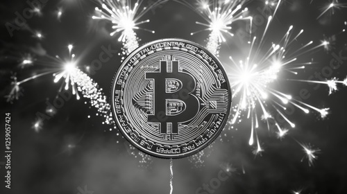Obraz na płótnie A monochrome digital illustration of a Bitcoin coin with dazzling fireworks in the background, symbolizing the impact of cryptocurrency in modern finance. AI generated. w salonie