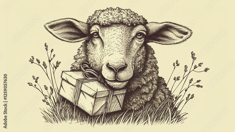 A monochrome hand-drawn illustration of a sheep in a grassy field holding a wrapped gift. A rustic and nostalgic depiction with delicate details. AI generated.