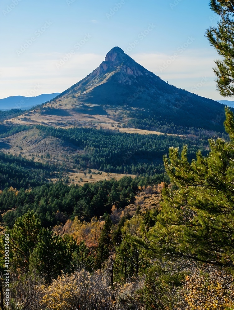 Fototapeta premium Majestic mountain peak rising above a lush forest landscape with vibrant autumn colors and clear skies : Generative AI