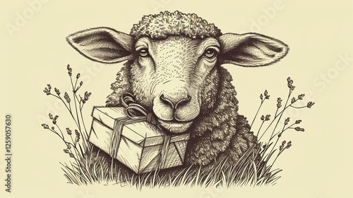 A monochrome hand-drawn illustration of a sheep in a grassy field holding a wrapped gift. A rustic and nostalgic depiction with delicate details. AI generated.