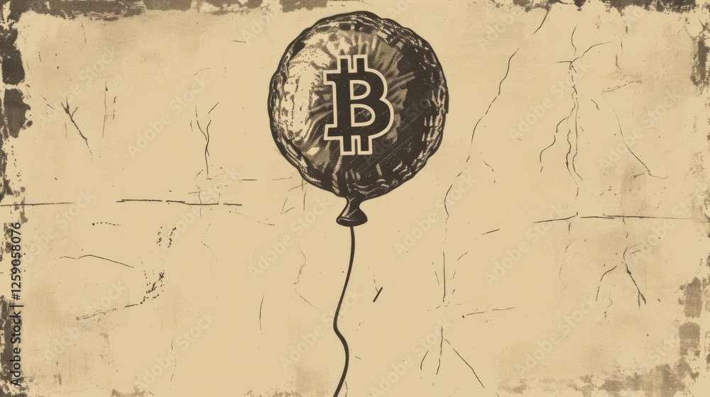 A stylized illustration of a floating balloon featuring the Bitcoin symbol, set against a textured vintage background. The design conveys financial inflation and economic uncertainty. AI generated.