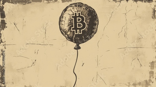 Obraz na płótnie A stylized illustration of a floating balloon featuring the Bitcoin symbol, set against a textured vintage background. The design conveys financial inflation and economic uncertainty. AI generated. w salonie