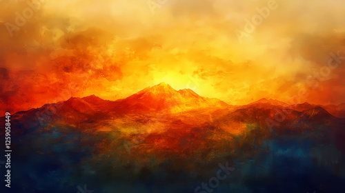 A mystical, serene, and ethereal scene of yanar dag, the 'burning mountain,' set against a warm, golden dusk sky with eternal flames dancing across the hillside. Eternal Dusk. Illustration photo