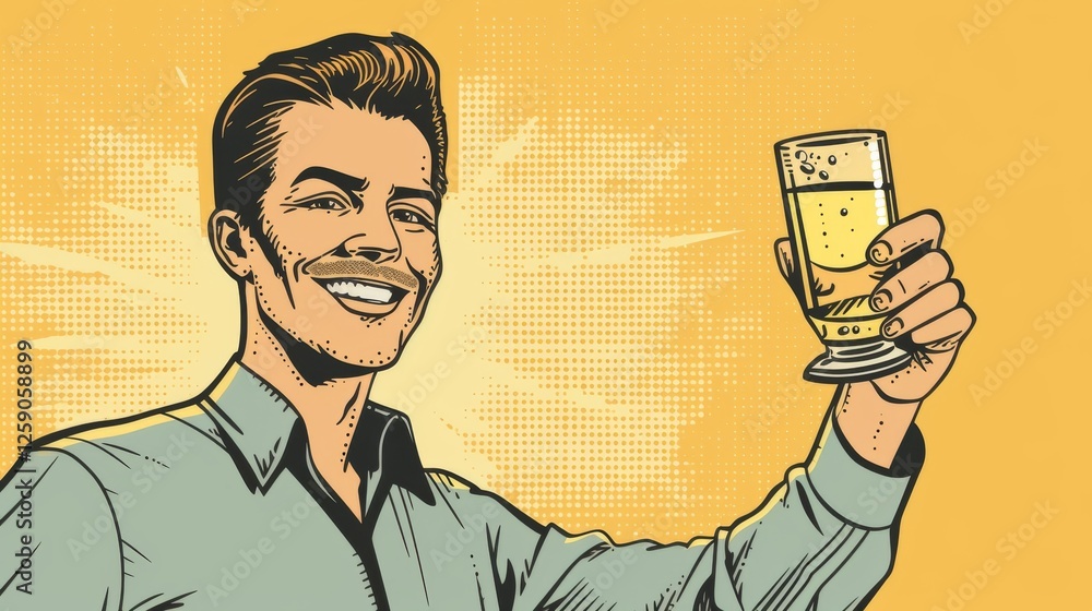 A pop art-inspired digital illustration of a man joyfully raising a glass with a confident smile. The dynamic background adds a bold and stylish retro vibe. AI generated.