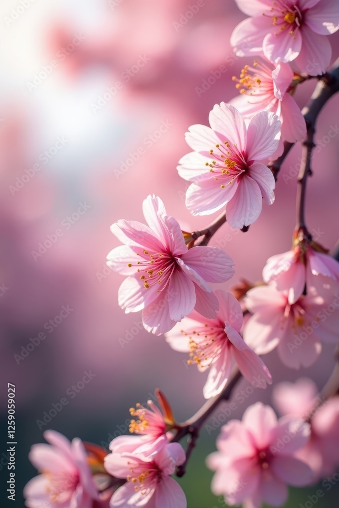 Fototapeta premium Delicate pink cherry blossoms frame a vibrant spring scene , spring, texture