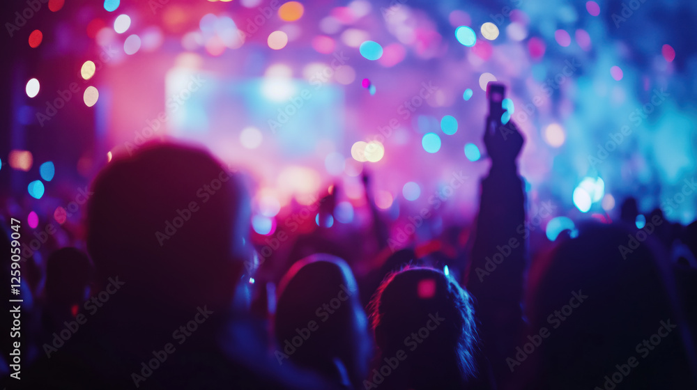 Audience at an Open-Air Concert with Colorful Lights Sweeping Across the Crowd, Confetti Bursts in the Background, Captured by a DSLR in a Wide Angle Audience at an Open-Air Concert with Colorful Lights Sweeping Across the Crowd, Confetti Bursts in the Background, Captured by a DSLR in a Wide Angle
