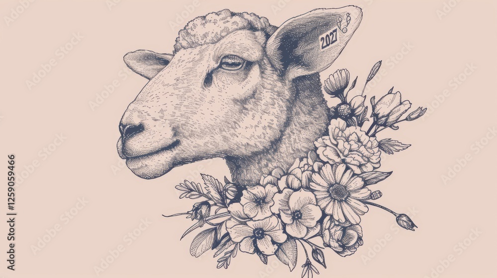 A detailed black and white illustration of a sheep with intricate floral decorations, combining vintage artistic style with elegant natural elements. AI generated.